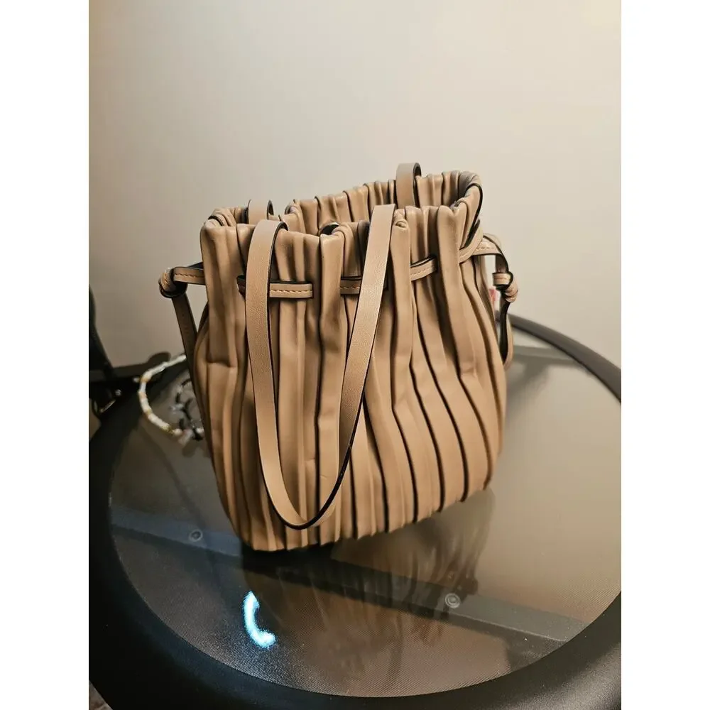 Zara Pleated Bucket Purse In Beige